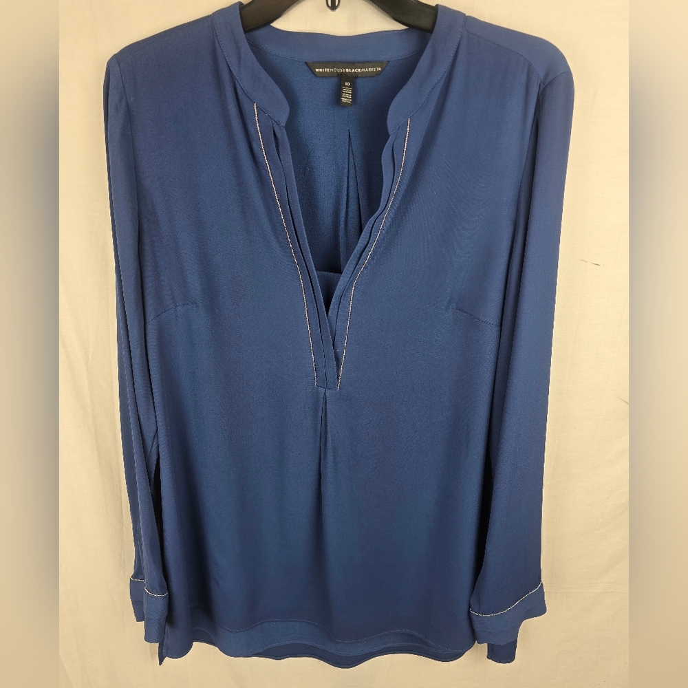 White House Black Market Women's Blue W/Silver Accent Long Sleeve Shirt Sz 10